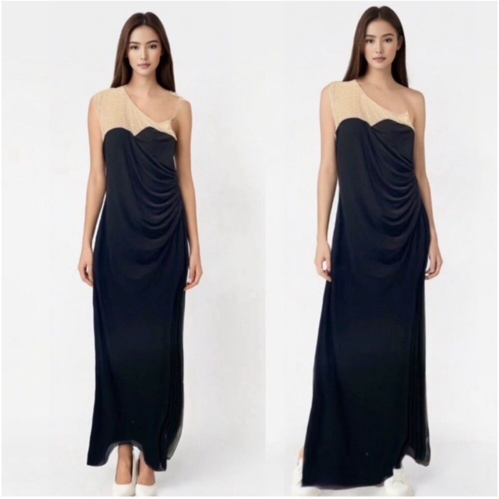 Vintage Cachet Women evening Gown One Shoulder Floor length Black Tan Sz 14